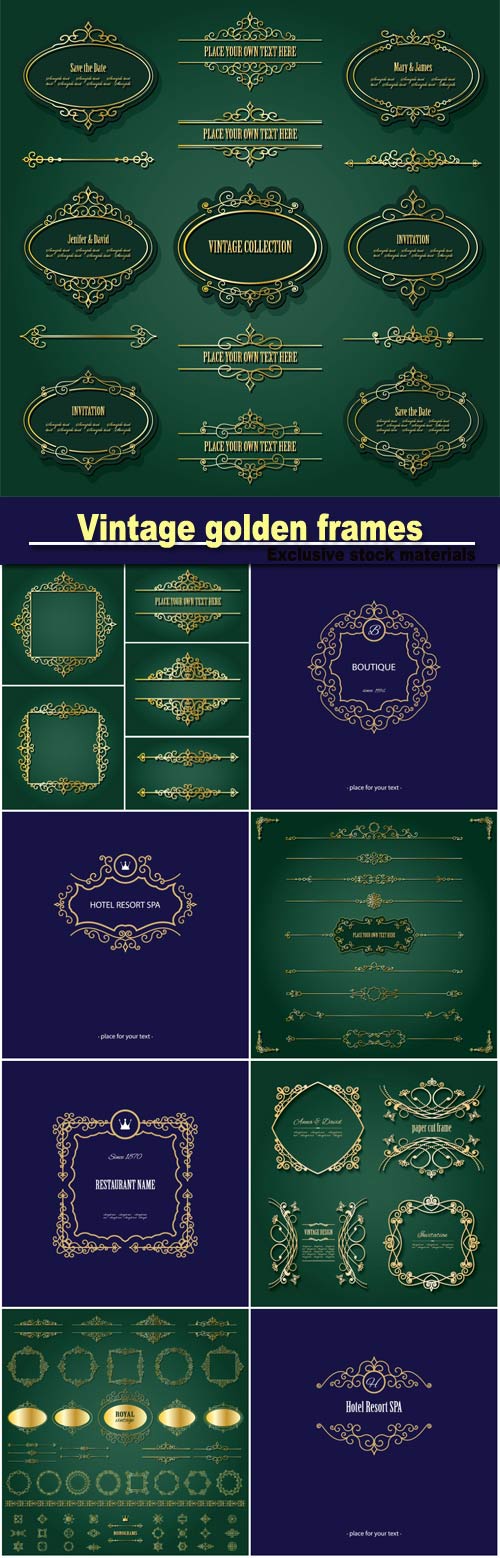 Vintage golden frames, labels and dividers set, luxury design
