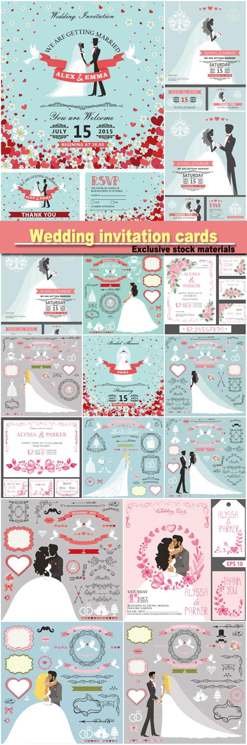 Wedding invitation cards set, groom and bride