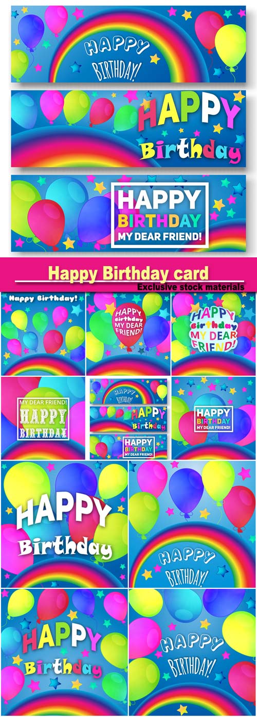 Happy Birthday congratulation card, background is decorated with a rainbow, balloons, stars