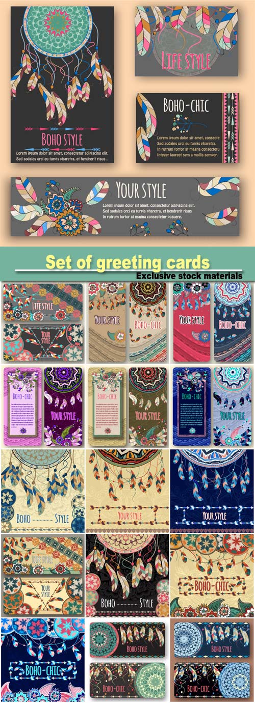 Set of greeting cards, boho style, traditional, ethnic patterns