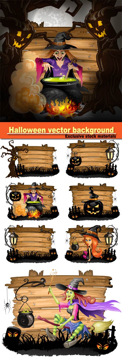 Halloween vector background, witch preparing a potion, Halloween pumpkin with cemetery over wood texture 