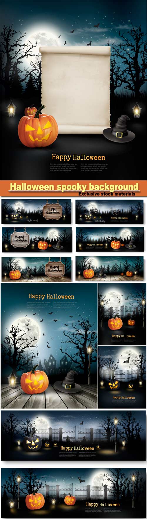 Halloween spooky background, holiday halloween banners with pumpkins