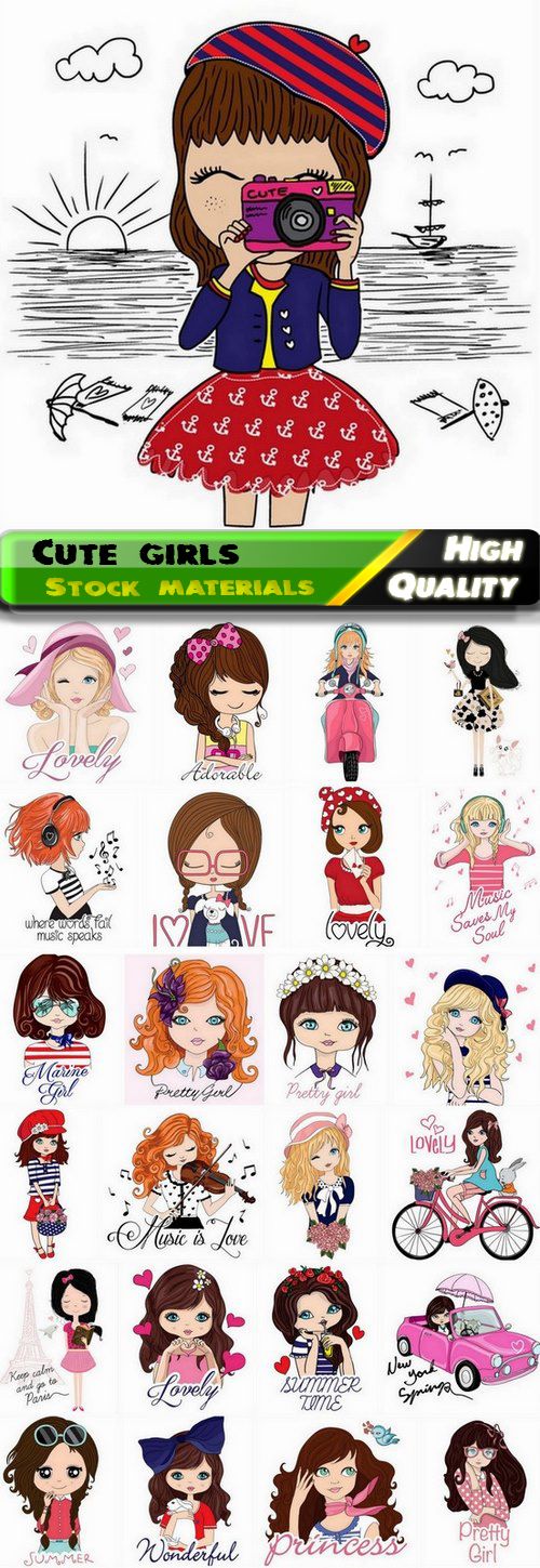Illustrations of cute girls for clothes or t-shirts print design - 25 Eps