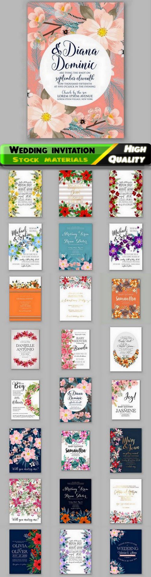 Cute wedding invitation and baby shower floral card - 25 Eps