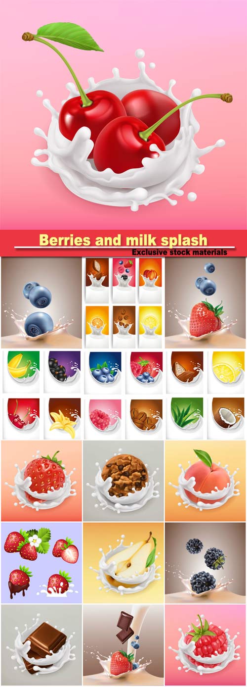 Berries and milk splash, fruit and yogurt, chocolate and milk splash