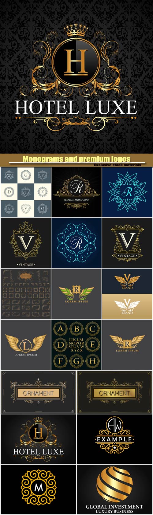 Monograms and premium logos in vector, vintage frames and ornaments