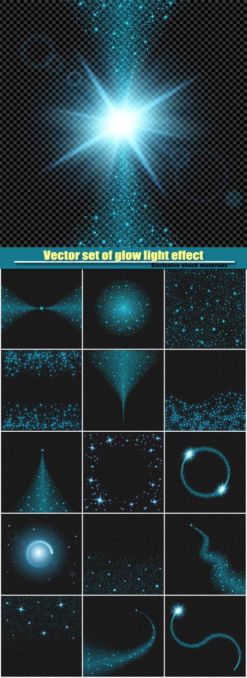 Vector set of glow light effect stars on black background 