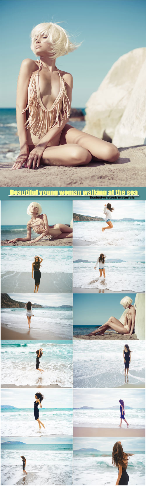 Beautiful young woman walking at the sea