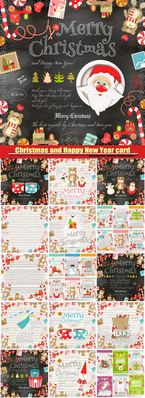 Merry Christmas and New Year card, holiday frame, santa claus and symbols