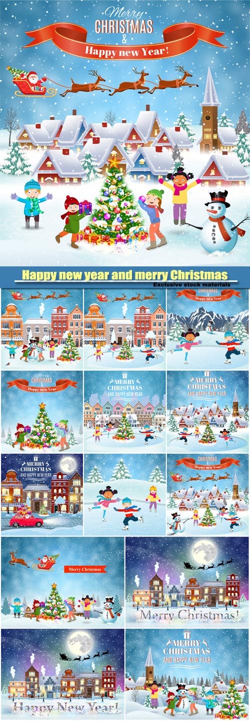 Happy new year and merry Christmas card design, winter fun kids decorating a Christmas tree, Santa Claus with deers in sky above the house