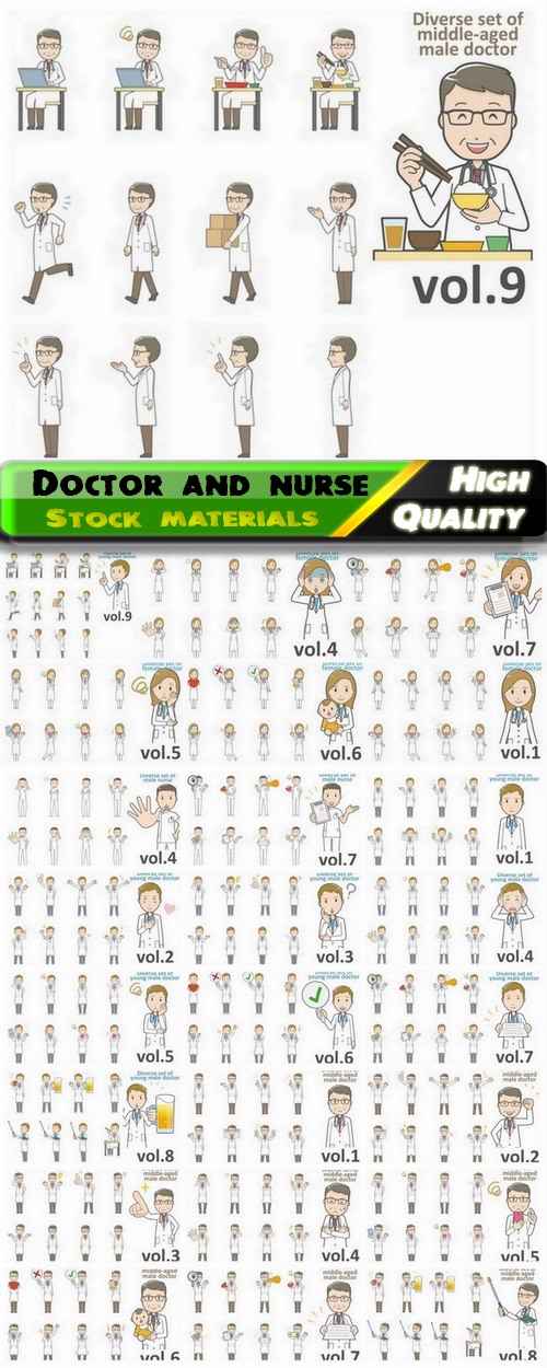 Medical set of cartoon doctor and nurse 25 Eps