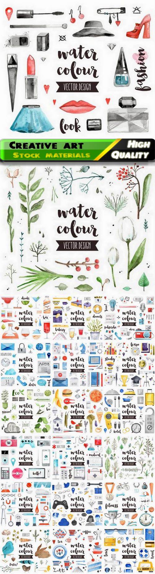 Creative art of watercolor illustration of elements and objects 20 Eps
