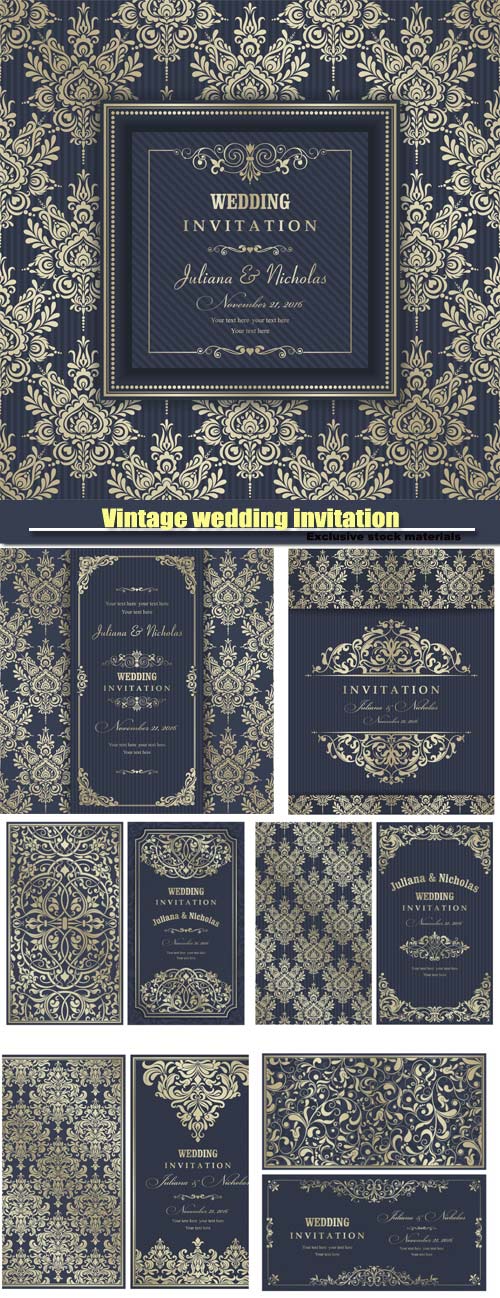 Vintage wedding invitation in the vector backgrounds with patterns