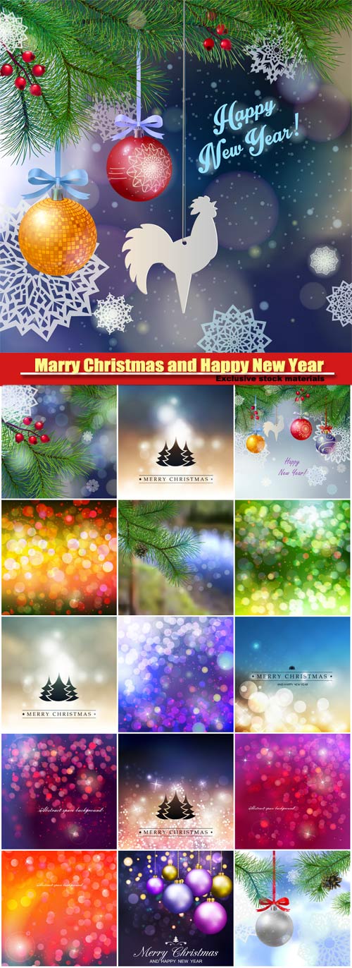Marry Christmas and Happy New Year vector, tree branches, beautiful balls, paper snowflakes, festive winter background