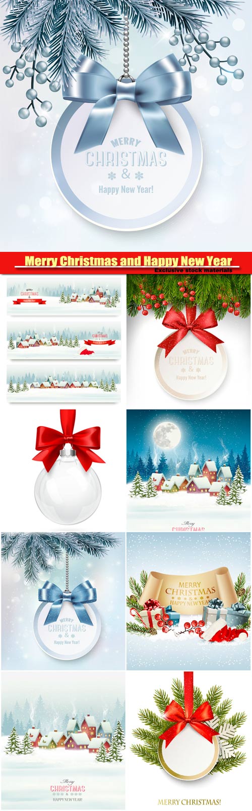 Merry Christmas and Happy New Year vector, background with a gift card and branches of tree