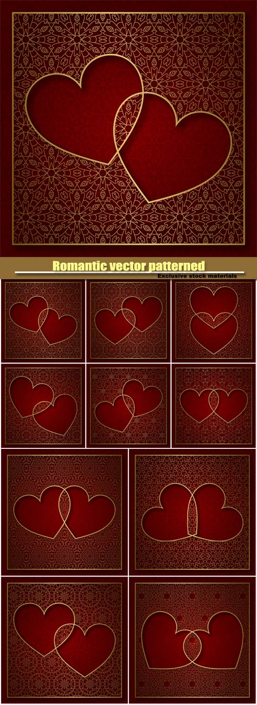 Romantic vector patterned background with frame of two hearts