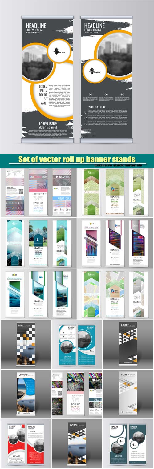 Set of vector roll up banner stands, abstract flyer design background, brochure template