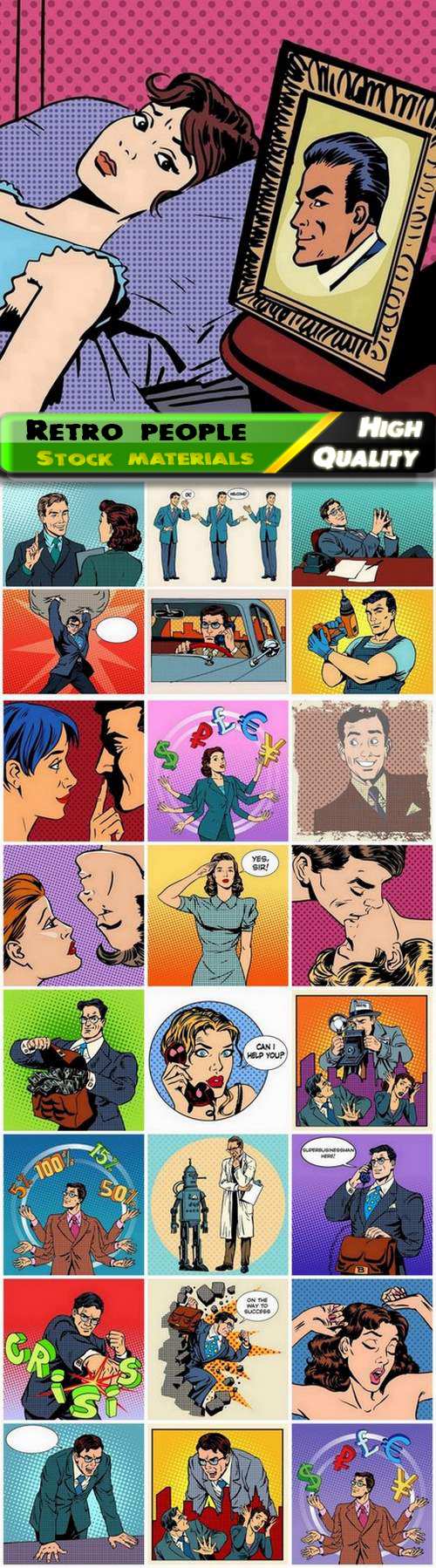 Comic retro man and woman on dots halftones backgrounds 25 Eps