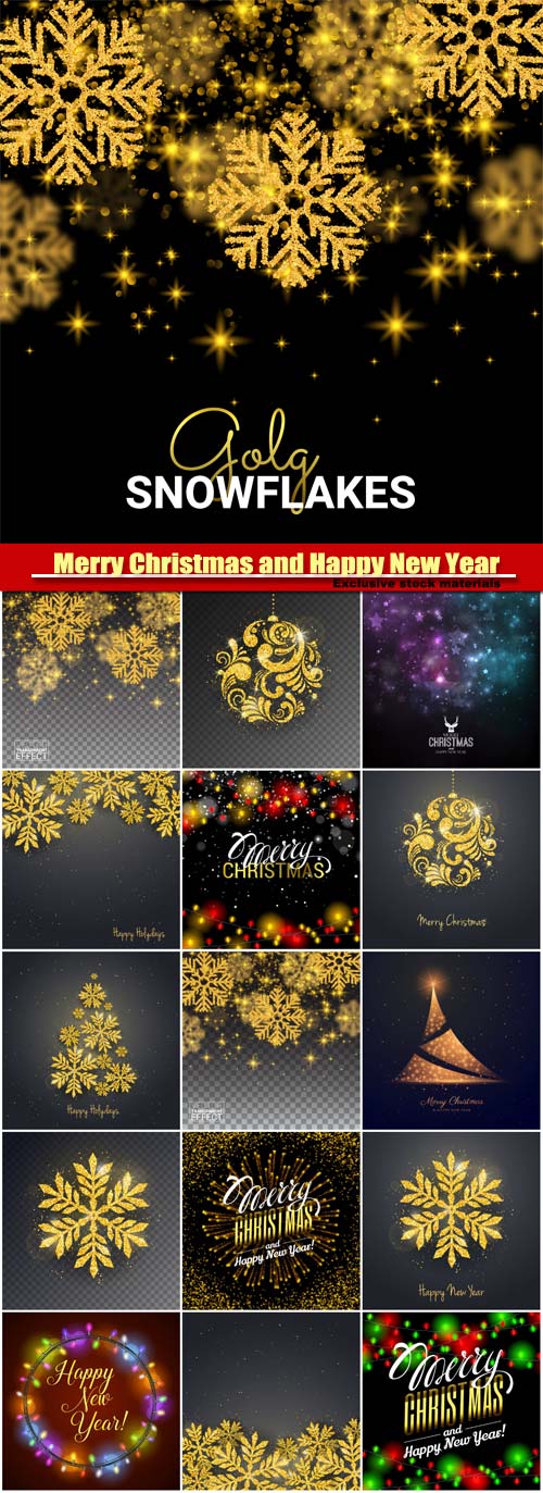 Merry Christmas and Happy New Year vector, gold snowflakes, glitter for banner