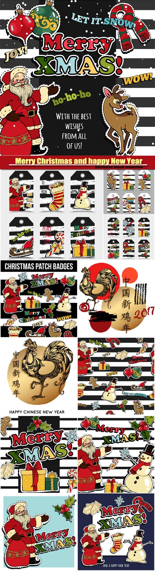 Merry Christmas and happy New Year greeting card design with retro patch badges, stickers