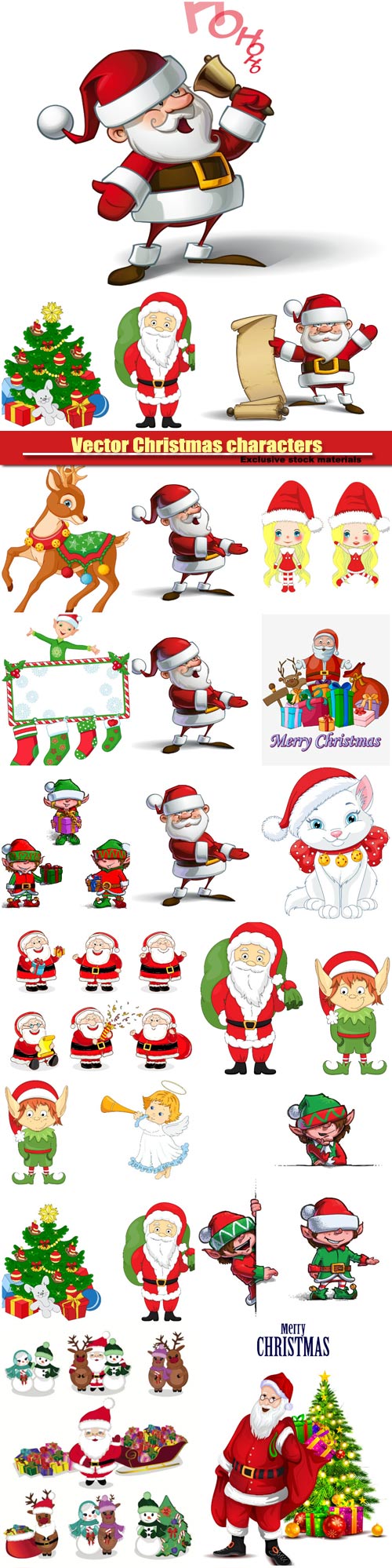 Vector Christmas characters, Santa Claus, elves and snowmen